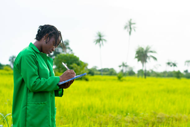 An African female farmer taking notes on a farm